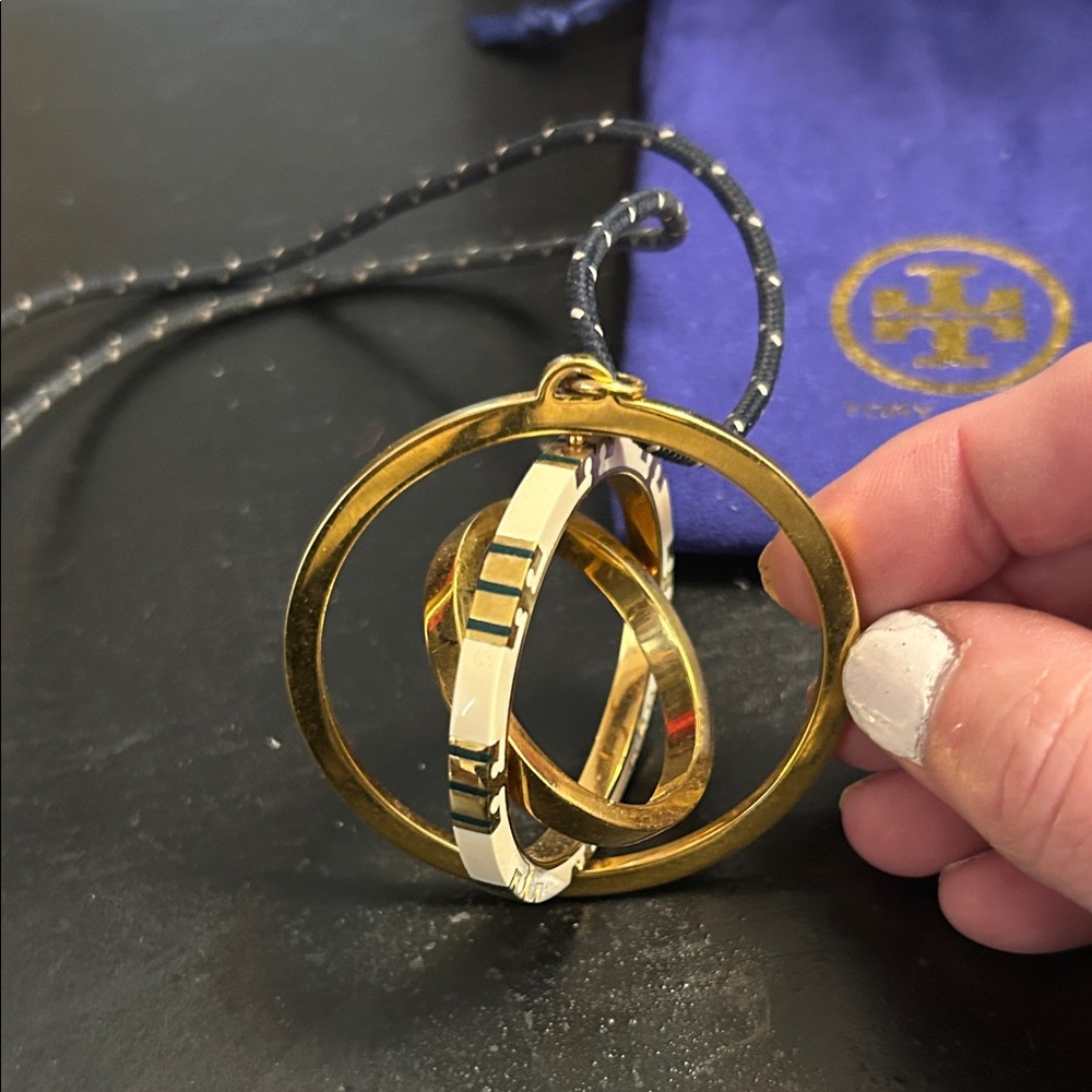 Tory Burch Navy and Gold Spinner Pendant Necklace, 24” - Picture 3 of 7